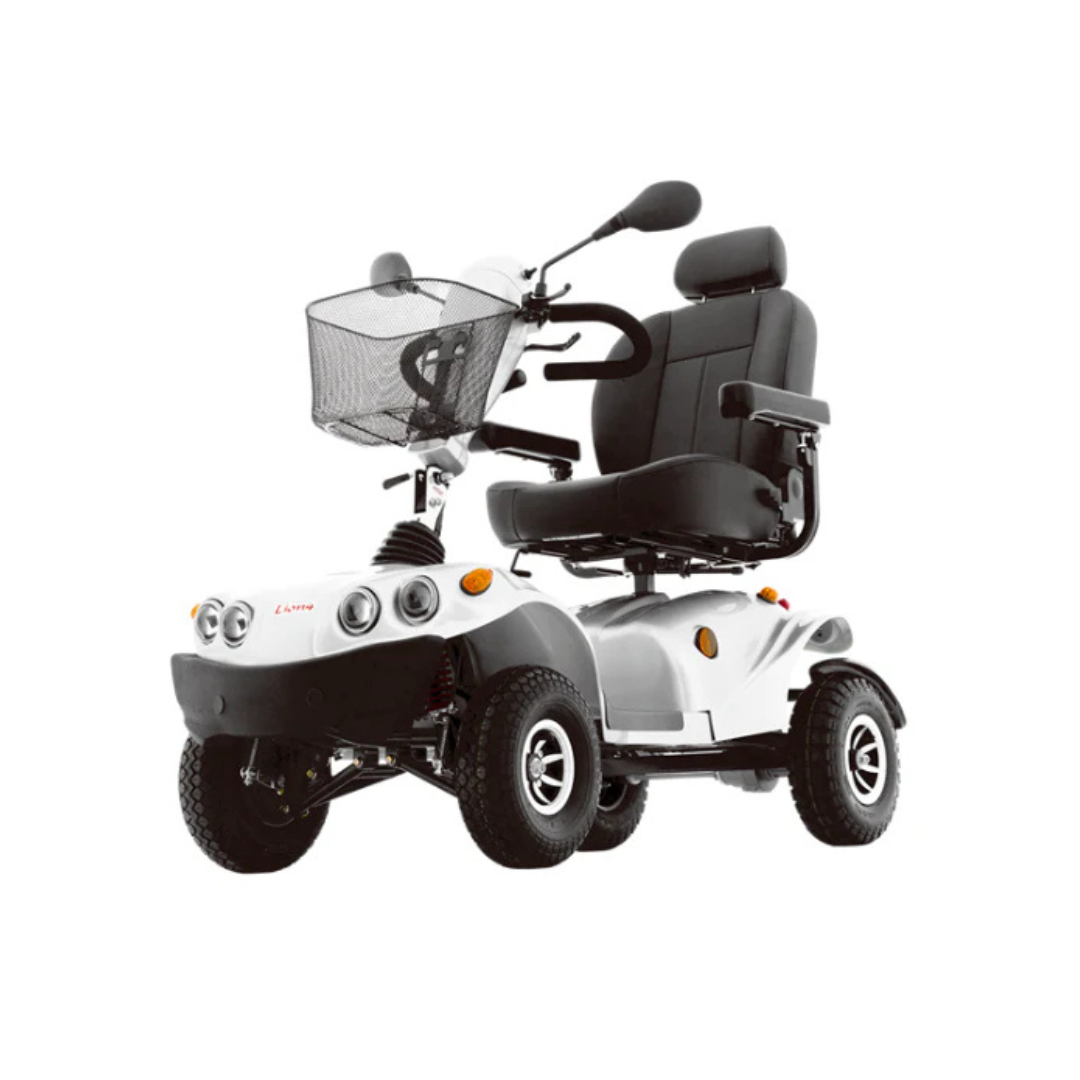 The Freerider FR GDX Heavy Duty Scooter is a four-wheeled white scooter featuring a padded seat, armrests, headrest, rearview mirrors, front basket, large tires, and advanced suspension for superior mobility assistance.